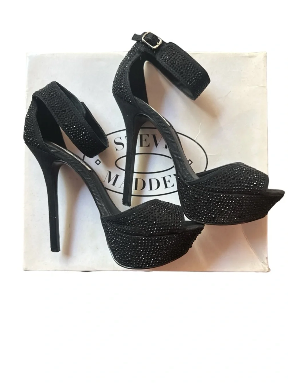Steve Madden Black Rhinestone Crystal Platform High Heel Sandals Glam Y2K Party